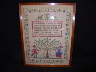 Sampler Primitive Linen Cross Stitch Birdseye Maple Frame 1929 " Friendship " L S