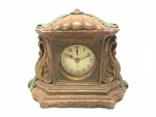 Antique Waterbury Lux Swan Figural Mantle Clock,  Carved Wood Case |ref 21368