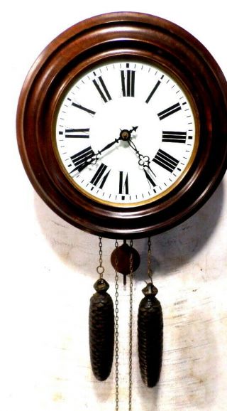 1875 Wag Wall Clock - - Wooden Plates With Two Weights - - German Post Office Clock