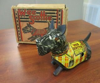 Vintage Marx Tin Litho Wind Up Wee Scottie Dog & Box