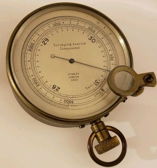 Antique 19th C Stanley London 2453 Brass Surveying Aneroid Barometer W/magnifier