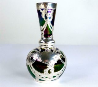 N950 Antique American Silver Overlay To Iridescent Green Glass Vase