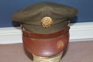 Pre To Early Ww2 U.  S.  Army Em Od Wool Visor Cap W/badge & Full Chincord
