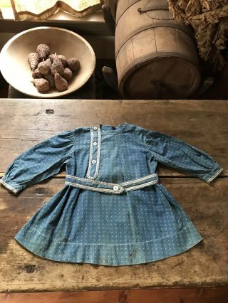 Best Early Antique Large Girl’s Blue Calico Handmade Dress Textile Aafa