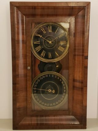 Antique 1890 National Calendar Clock Co.  Double Dial Rosewod Ogee Mantel Clock