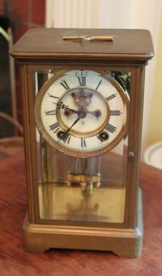 Antique Ansonia Crystal Regulator Clock W/ Open Escapement Porcelain Dial