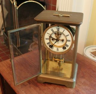 ANTIQUE ANSONIA CRYSTAL REGULATOR CLOCK W/ OPEN ESCAPEMENT PORCELAIN DIAL 2