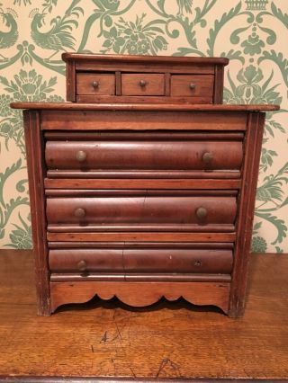 Antique Primitive Small Wood Cupboard Chest With Drawers