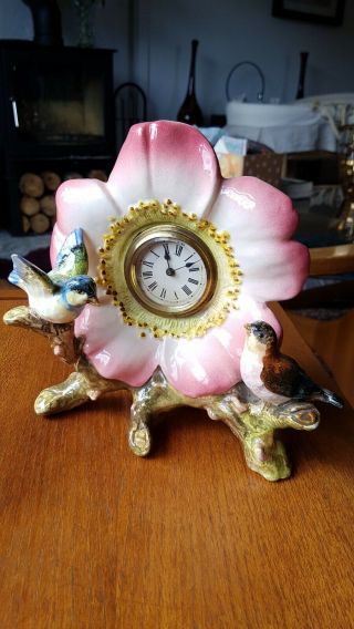 Rare Antique Majolica (?) Pink Flower & Birds Mantle Clock - Repaired