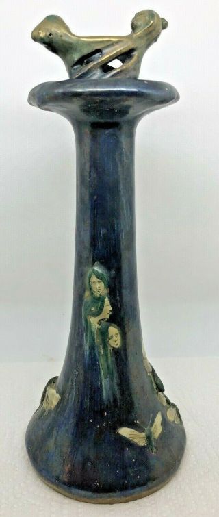 Teplitz Amphora Art Nouveau Fates Dragonflies Candlestick Blu Tin Glaze Exc Cd