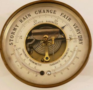 Antique Brass Aneroid Wall Barometer With Dual Horizontally Opposed Thermometers