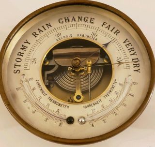 Antique Brass Aneroid Wall Barometer with Dual Horizontally Opposed Thermometers 5
