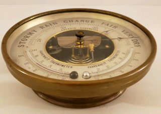 Antique Brass Aneroid Wall Barometer with Dual Horizontally Opposed Thermometers 6
