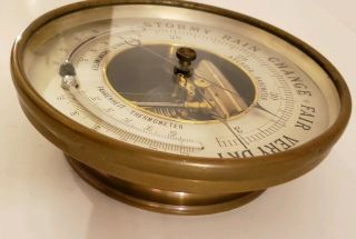 Antique Brass Aneroid Wall Barometer with Dual Horizontally Opposed Thermometers 8