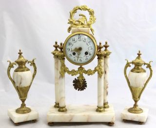 Antique French Mantle Clock 3 Piece Set 8 Day Bell Striking White Marble Portico