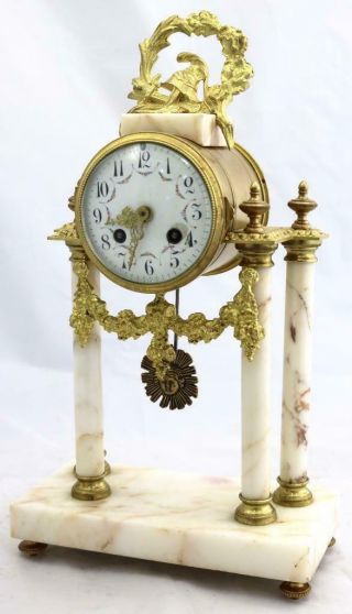 Antique French Mantle Clock 3 Piece Set 8 Day Bell Striking White Marble Portico 2