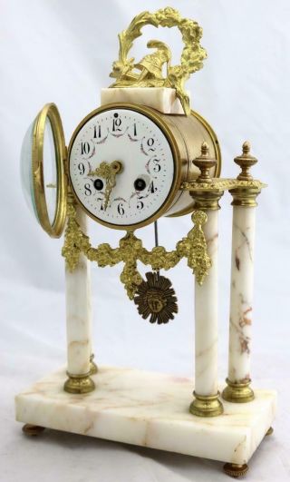 Antique French Mantle Clock 3 Piece Set 8 Day Bell Striking White Marble Portico 3