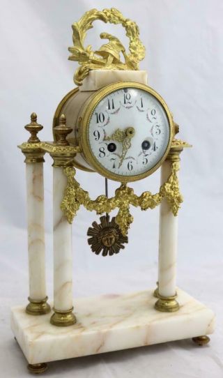 Antique French Mantle Clock 3 Piece Set 8 Day Bell Striking White Marble Portico 4