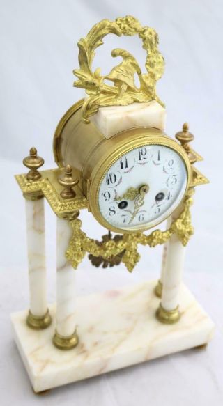 Antique French Mantle Clock 3 Piece Set 8 Day Bell Striking White Marble Portico 5