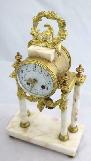 Antique French Mantle Clock 3 Piece Set 8 Day Bell Striking White Marble Portico 6