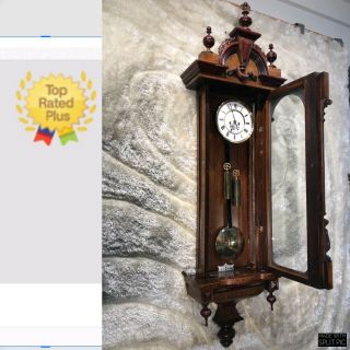 Antique Germaney Vienna Strikes Wall Clock W 2 Brass Weigh,  Pendulum,  Walnut Case