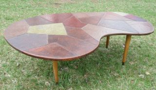 1950s Mid Century Modern Kidney Shaped Coffee Table Leather Patchwork Abstract