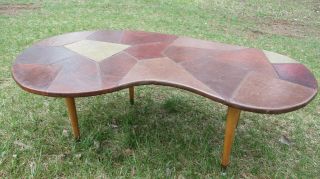 1950s Mid Century Modern Kidney Shaped Coffee Table Leather Patchwork Abstract 3