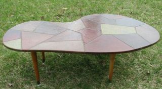 1950s Mid Century Modern Kidney Shaped Coffee Table Leather Patchwork Abstract 4