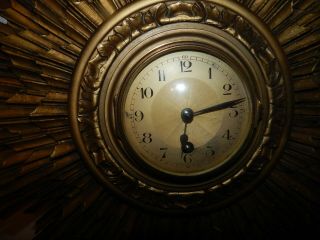 Vintage French Giltwood Sunburst Wall Mounting Mechanical Wall Clock. 4