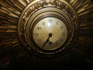 Vintage French Giltwood Sunburst Wall Mounting Mechanical Wall Clock. 6