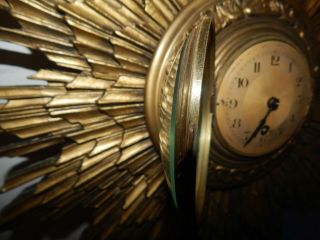 Vintage French Giltwood Sunburst Wall Mounting Mechanical Wall Clock. 7