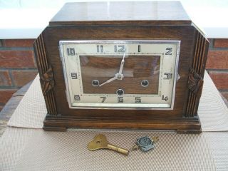 Antique Art Deco Style Oak Mantle Clock With Westminster Chimes