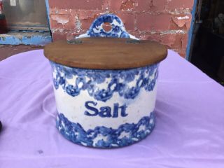 Primitive Blue Spongeware Crock Salt Box Wood Lid - Antique Pottery