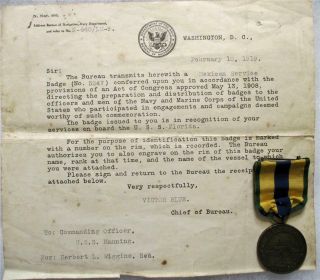 Wwi U.  S.  Navy Mexican Service Medal Rim Engraved Numbered & Transmittal Document