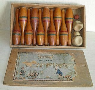 Early 1900s Wooden Ten Pins Bowling Set With Box From C.  E.  Bradley