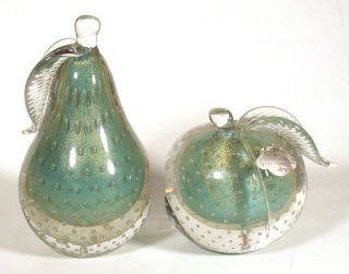 1950s Vintage Alfredo Barbini Murano Sommerso Glass Pear & Apple Bookends Label