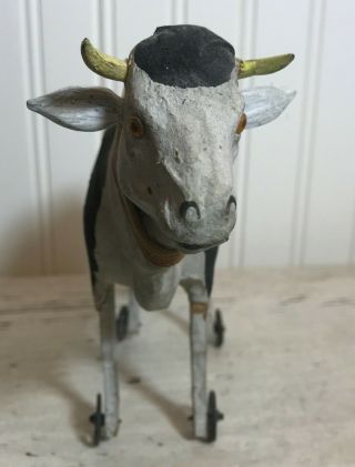 Antique Vintage Paper Mache Stick Leg Cow Pull Toy Glass Eyes Wheels Stick Legs 4