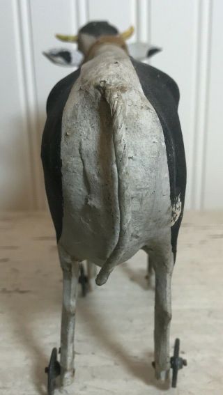 Antique Vintage Paper Mache Stick Leg Cow Pull Toy Glass Eyes Wheels Stick Legs 5