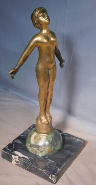 Vintage Modern Art Deco Gold Bronze Nude Female Sculpture Statue Marble Base 30s