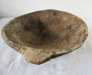 12 " 19thc Early Antique Primitive Farm Wooden Hand Carved Dough Bowl