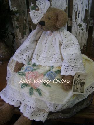Primitive Teddy Bear Doll,  Vintage Chenille,  Lace,  Old Photo,  Folk Art Teddy Bear