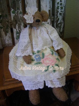 PRIMITIVE TEDDY BEAR DOLL,  VINTAGE CHENILLE,  LACE,  OLD PHOTO,  FOLK ART TEDDY BEAR 5