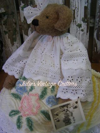 PRIMITIVE TEDDY BEAR DOLL,  VINTAGE CHENILLE,  LACE,  OLD PHOTO,  FOLK ART TEDDY BEAR 7