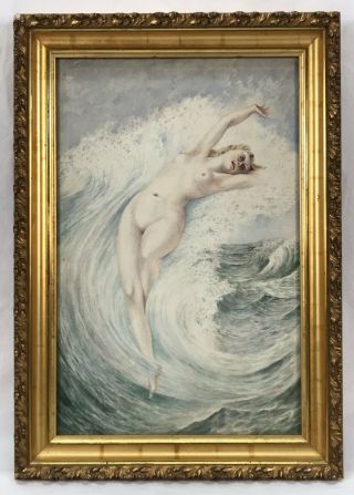 Antique Art Nouveau Watercolor Nude Female Figure Sea Nymph Gold Gilt Frame