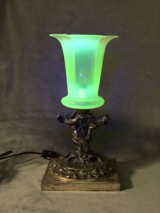 Vintage Art Nuevo Spelter Figural Tree Nymphs Lamp With Vaseline Glass Shade 3