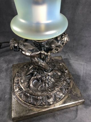 Vintage Art Nuevo Spelter Figural Tree Nymphs Lamp With Vaseline Glass Shade 5