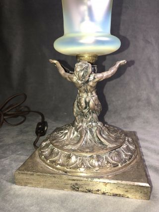 Vintage Art Nuevo Spelter Figural Tree Nymphs Lamp With Vaseline Glass Shade 6