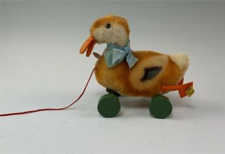 Vintage Steiff Mohair Duck Pull Toy On Eccentric Wheels,  Still Tagged 3200714
