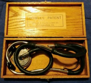 Antique Stethoscope Bowles ' Pilling & Son S45382 Philadelphia USA Wood Box 9
