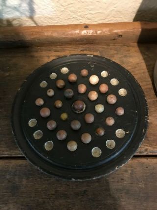Antique Painted Game Board With Old Clay Marbles